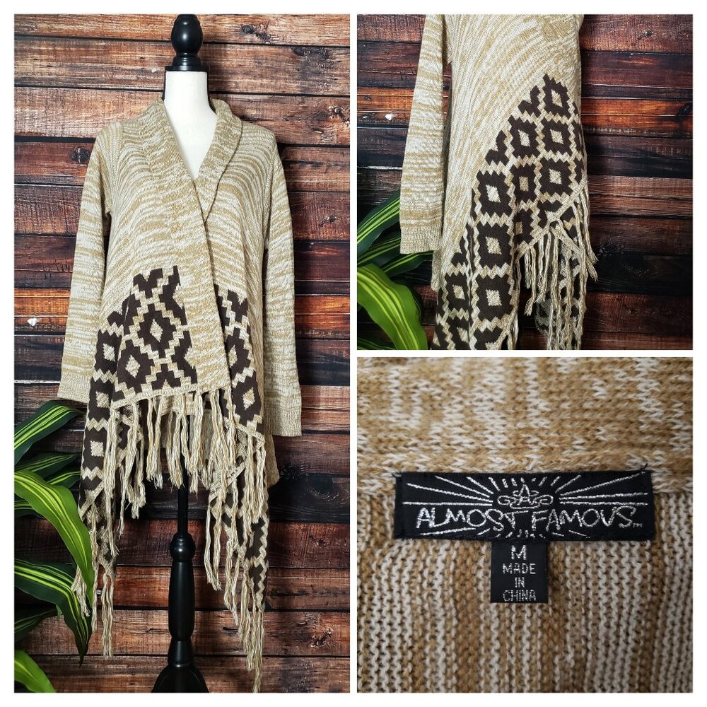 Almost Famous M Wrap Cardigan Sweater Open Long Fringe Tan Brown Aztec Boho
